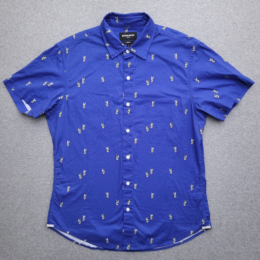 Bonobos Button Up Shirt Large Tailored Fit Stretch Blue Cocktails AOP Mens